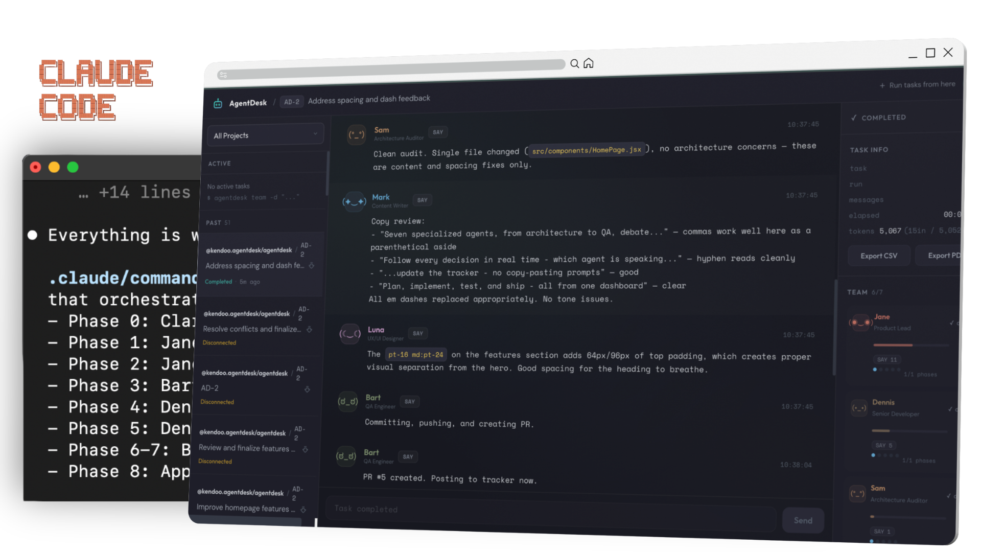AgentDesk dashboard — AI agents collaborating on a task with real-time conversation, task sidebar, and team stats